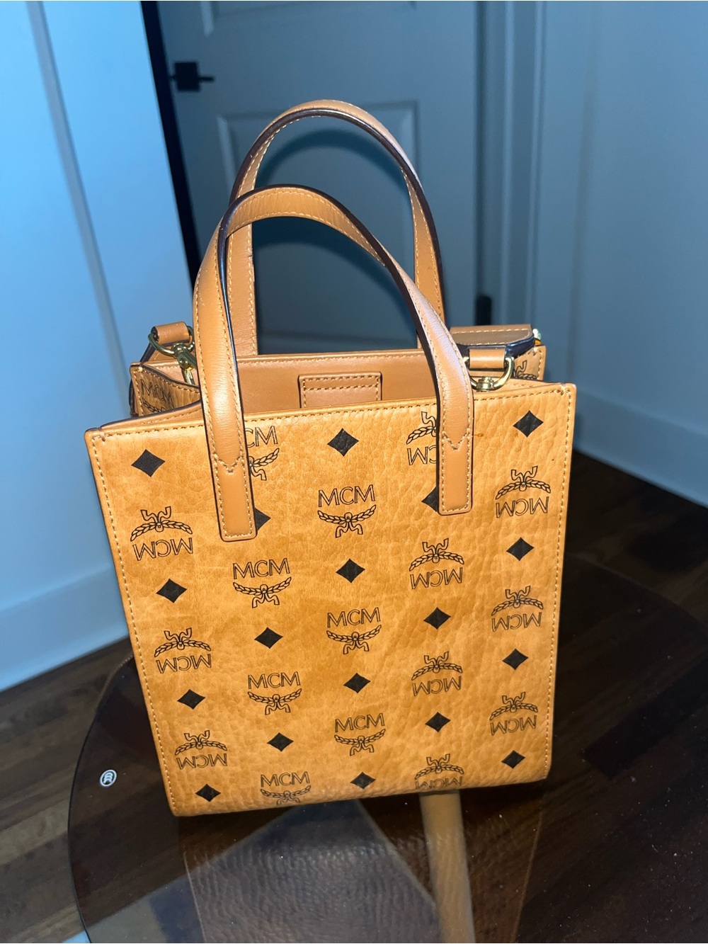 MCM Cognac Visetos Mini Tote with Logo Plaque - Picture 2 of 2